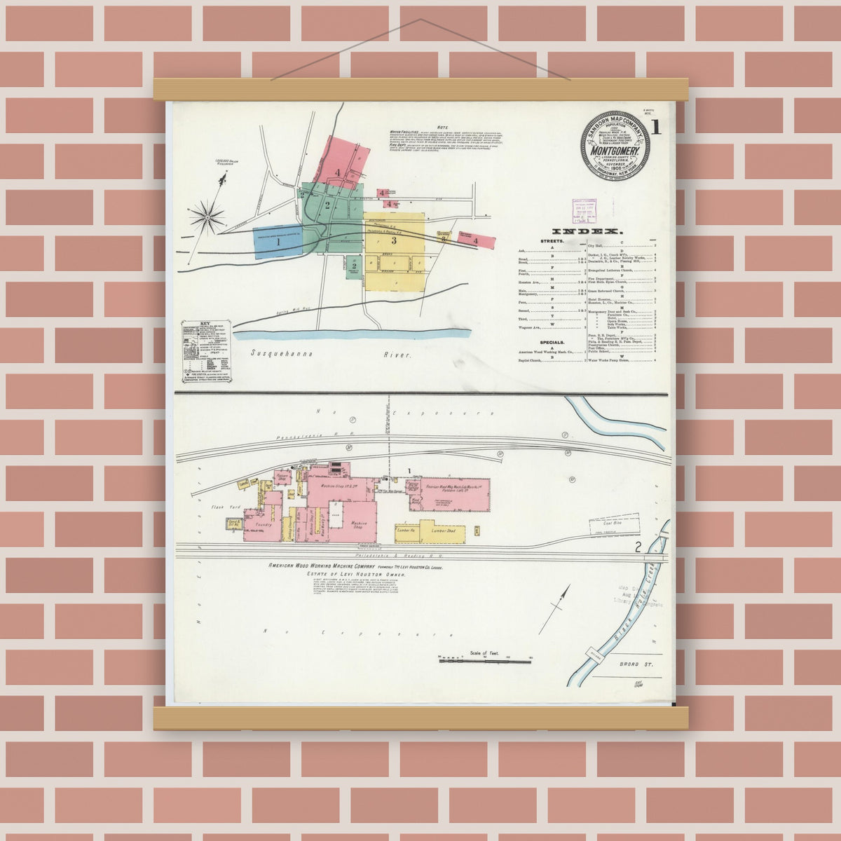 Old map wall art mockup — magnetic wood frame on brick wall — Sanborn Fire Insurance Map from Montgomery, Lycoming County, Pennsylvania (1906) - Complete Map Set