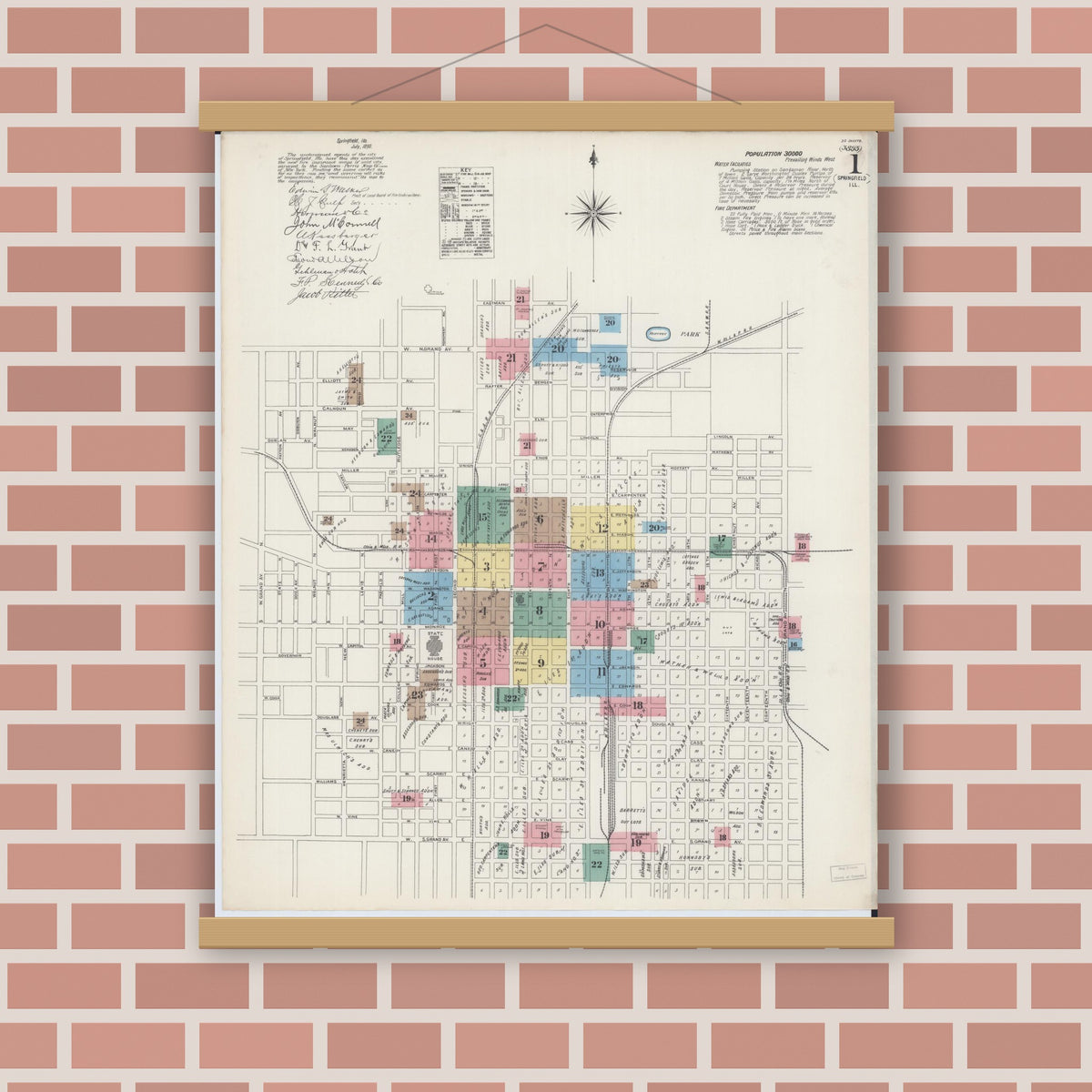 Old map wall art mockup — magnetic wood frame on brick wall — Sanborn Fire Insurance Map from Springfield, Sangamon County, Illinois (1890), Sheet #0001