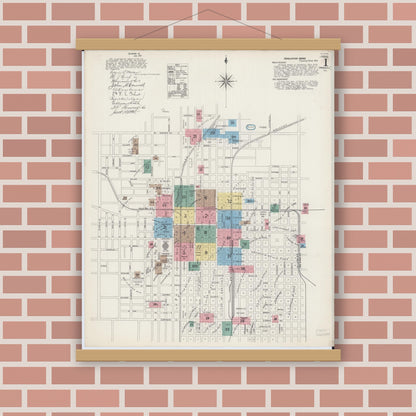 Old map wall art mockup — magnetic wood frame on brick wall — Sanborn Fire Insurance Map from Springfield, Sangamon County, Illinois (1890), Sheet #0001