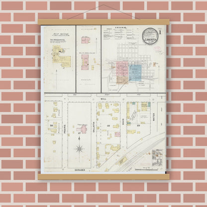 Old map wall art mockup — magnetic wood frame on brick wall — Sanborn Fire Insurance Map from Liberty, Clay County, Missouri (1889) - Complete Map Set