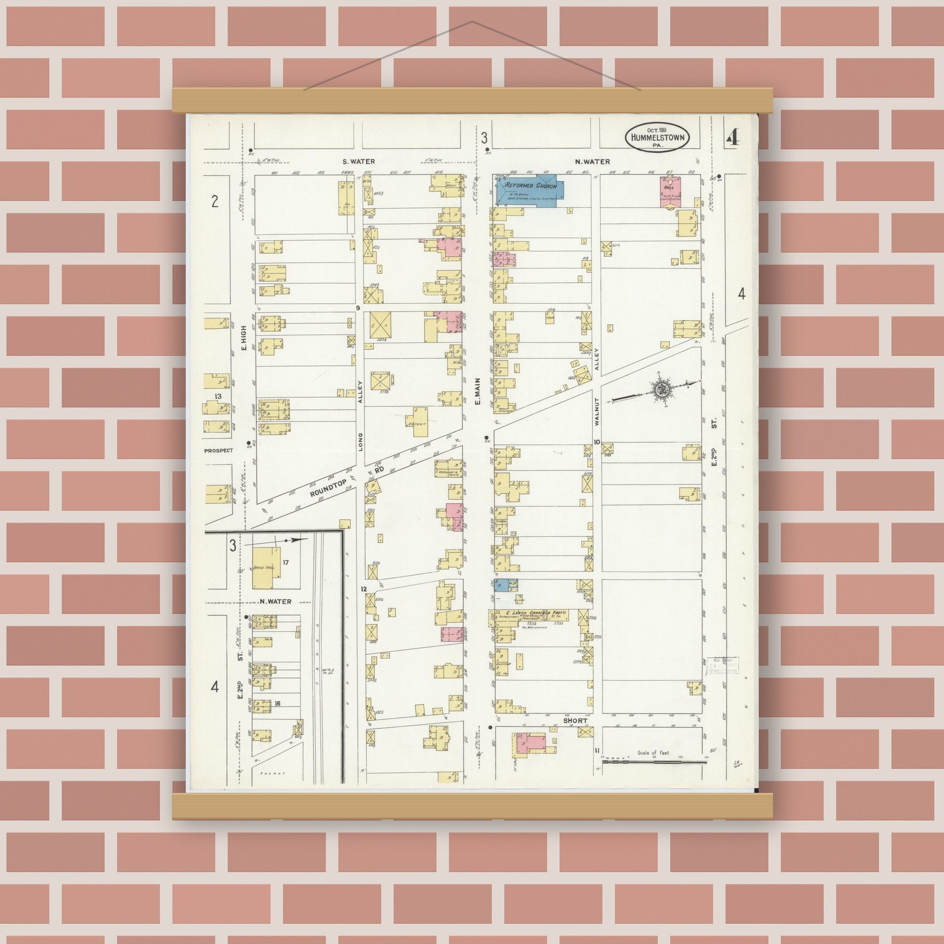 Old map wall art mockup — magnetic wood frame on brick wall — Sanborn Fire Insurance Map from Hummelstown, Dauphin County, Pennsylvania (1911), Sheet #0004