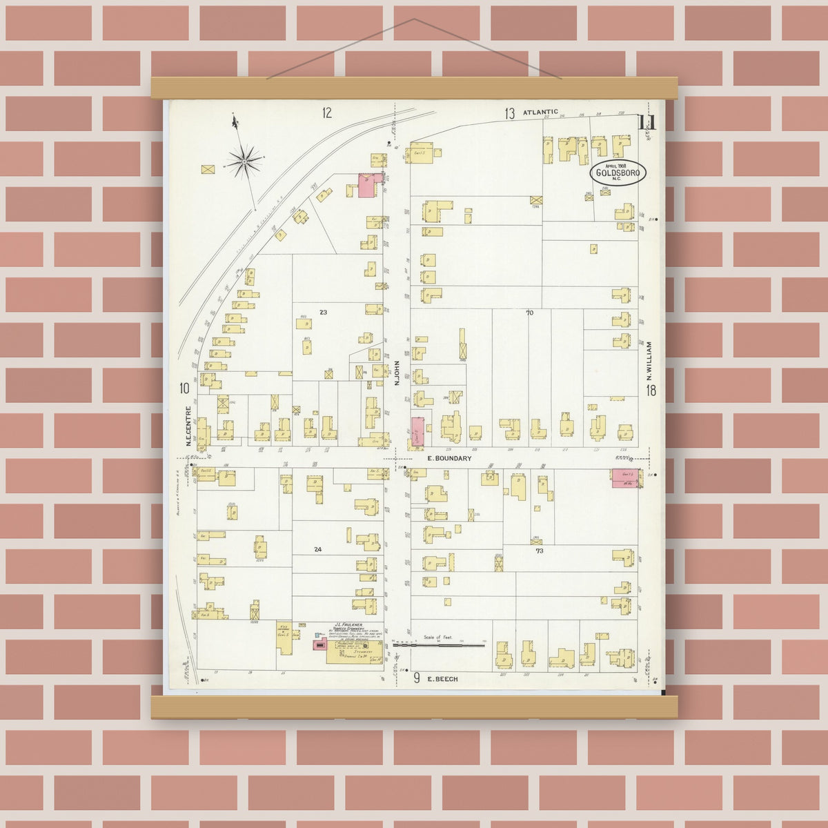 Old map wall art mockup — magnetic wood frame on brick wall — Sanborn Fire Insurance Map from Goldsboro, Wayne County, North Carolina (1908), Sheet #0011