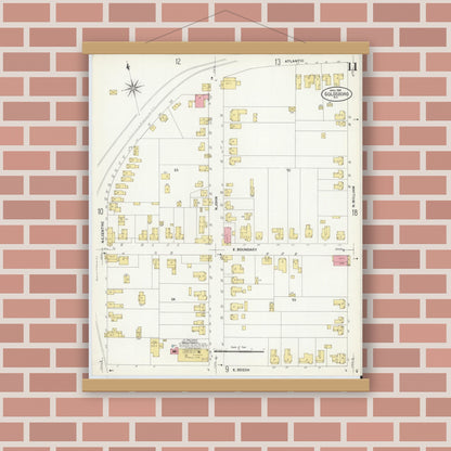 Old map wall art mockup — magnetic wood frame on brick wall — Sanborn Fire Insurance Map from Goldsboro, Wayne County, North Carolina (1908), Sheet #0011