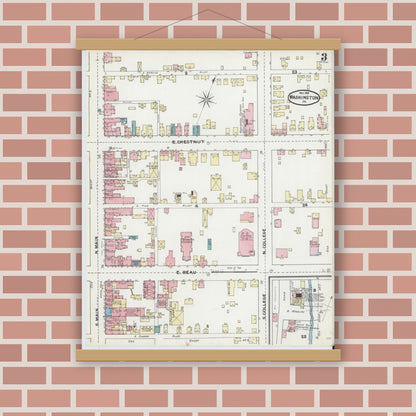 Old map wall art mockup — magnetic wood frame on brick wall — Sanborn Fire Insurance Map from Washington, Washington County, Pennsylvania (1891), Sheet #0003