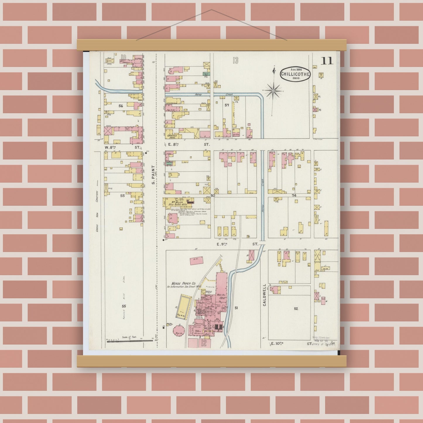 Old map wall art mockup — magnetic wood frame on brick wall — Sanborn Fire Insurance Map from Chillicothe, Ross County, Ohio (1895), Sheet #0011