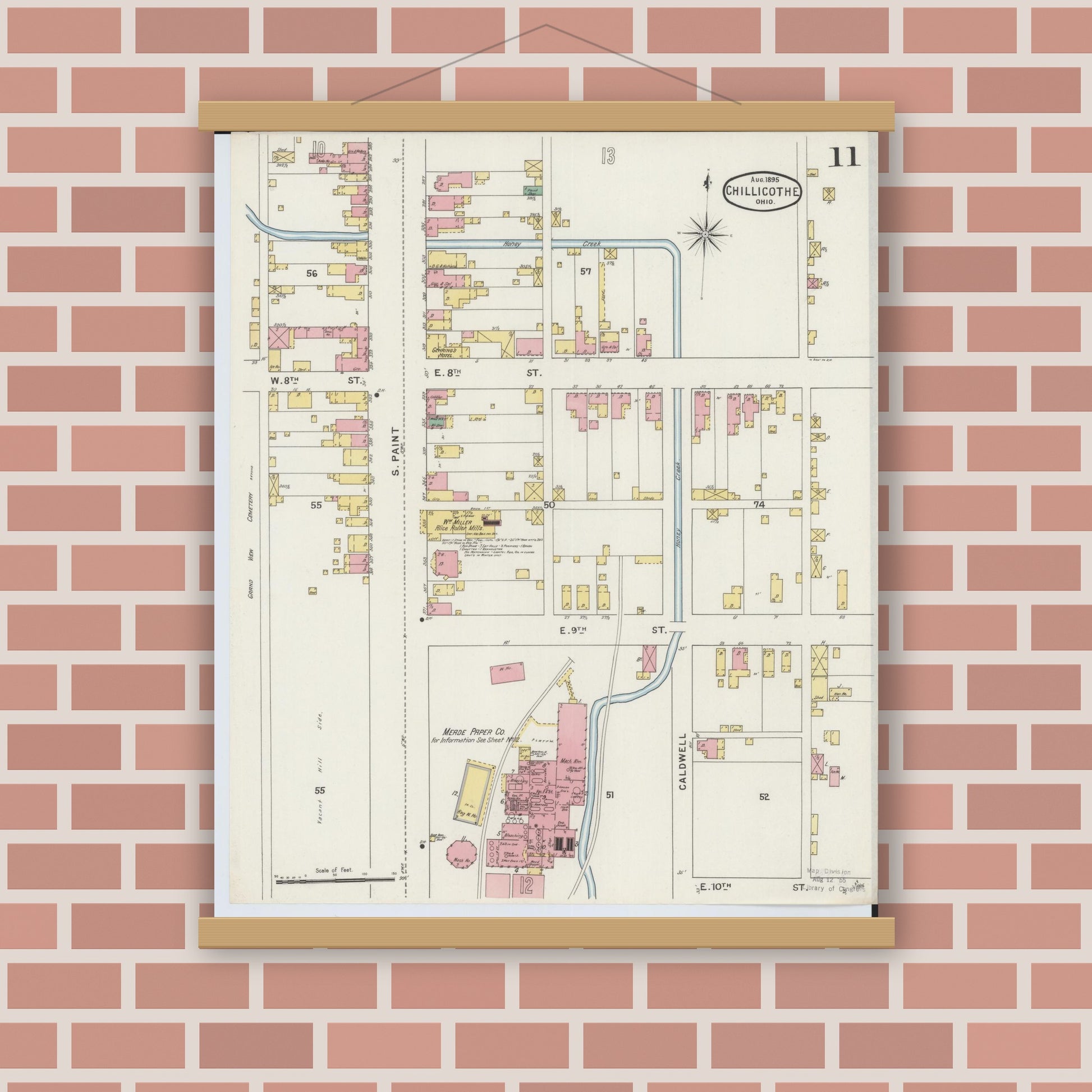 Old map wall art mockup — magnetic wood frame on brick wall — Sanborn Fire Insurance Map from Chillicothe, Ross County, Ohio (1895), Sheet #0011