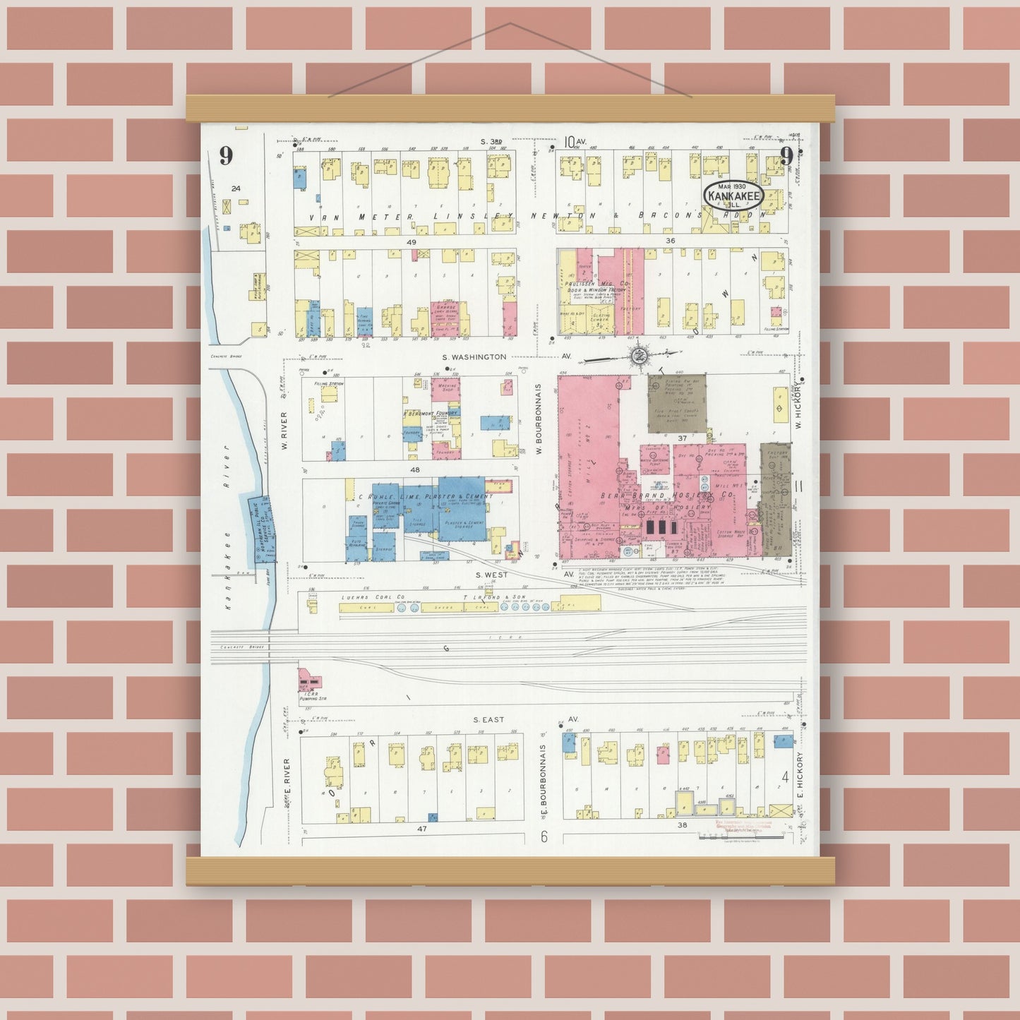 Old map wall art mockup — magnetic wood frame on brick wall — Sanborn Fire Insurance Map from Kankakee, Kankakee County, Illinois (1930), Sheet #0009