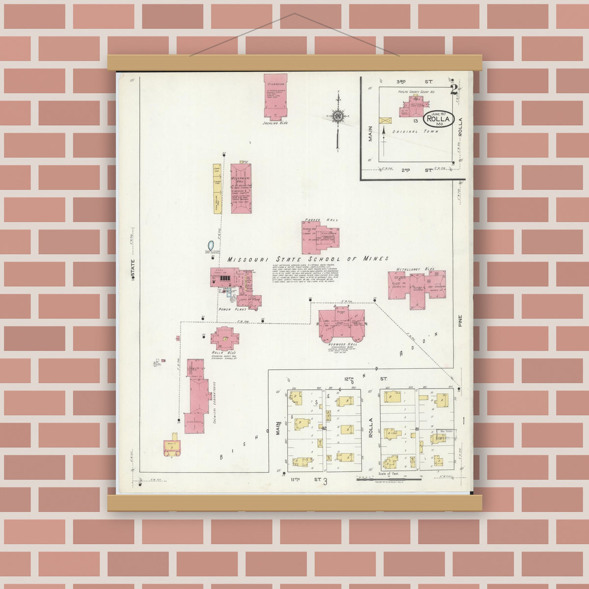 Old map wall art mockup — magnetic wood frame on brick wall — Sanborn Fire Insurance Map from Rolla, Phelps County, Missouri (1917), Sheet #0002