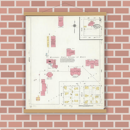 Old map wall art mockup — magnetic wood frame on brick wall — Sanborn Fire Insurance Map from Rolla, Phelps County, Missouri (1917), Sheet #0002