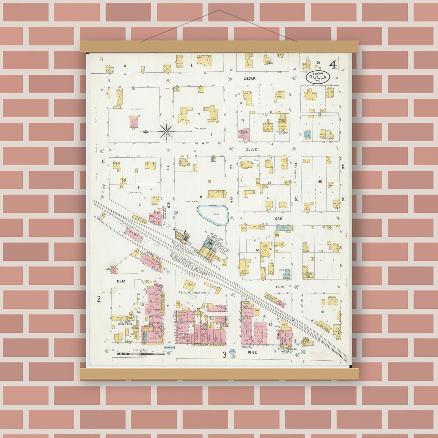 Old map wall art mockup — magnetic wood frame on brick wall — Sanborn Fire Insurance Map from Rolla, Phelps County, Missouri (1905), Sheet #0004