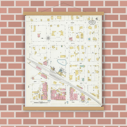 Old map wall art mockup — magnetic wood frame on brick wall — Sanborn Fire Insurance Map from Rolla, Phelps County, Missouri (1905), Sheet #0004