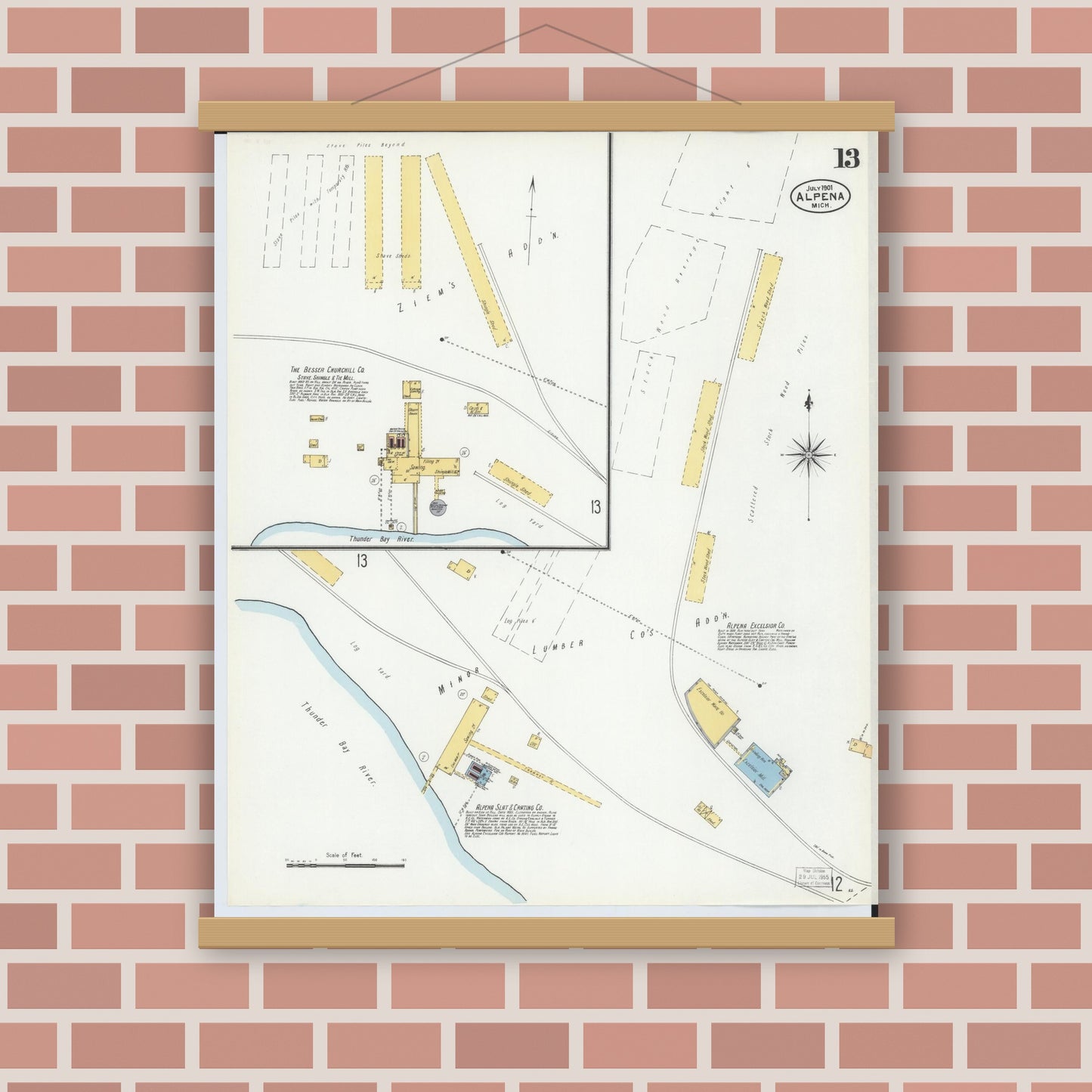Old map wall art mockup — magnetic wood frame on brick wall — Sanborn Fire Insurance Map from Alpena, Alpena County, Michigan (1901), Sheet #0013