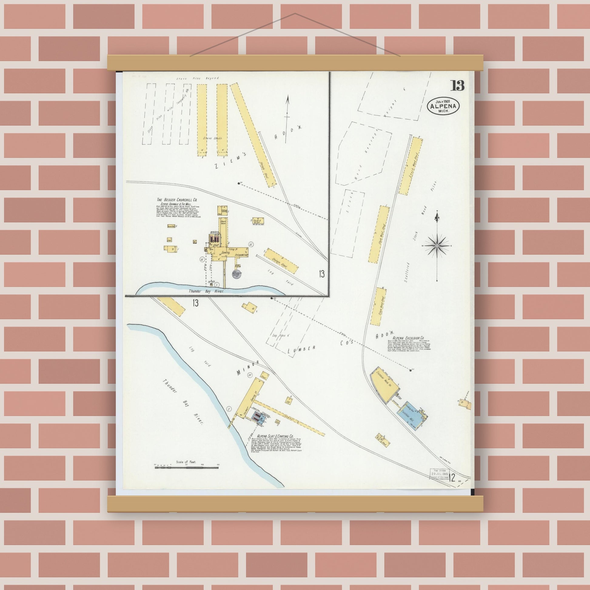 Old map wall art mockup — magnetic wood frame on brick wall — Sanborn Fire Insurance Map from Alpena, Alpena County, Michigan (1901), Sheet #0013