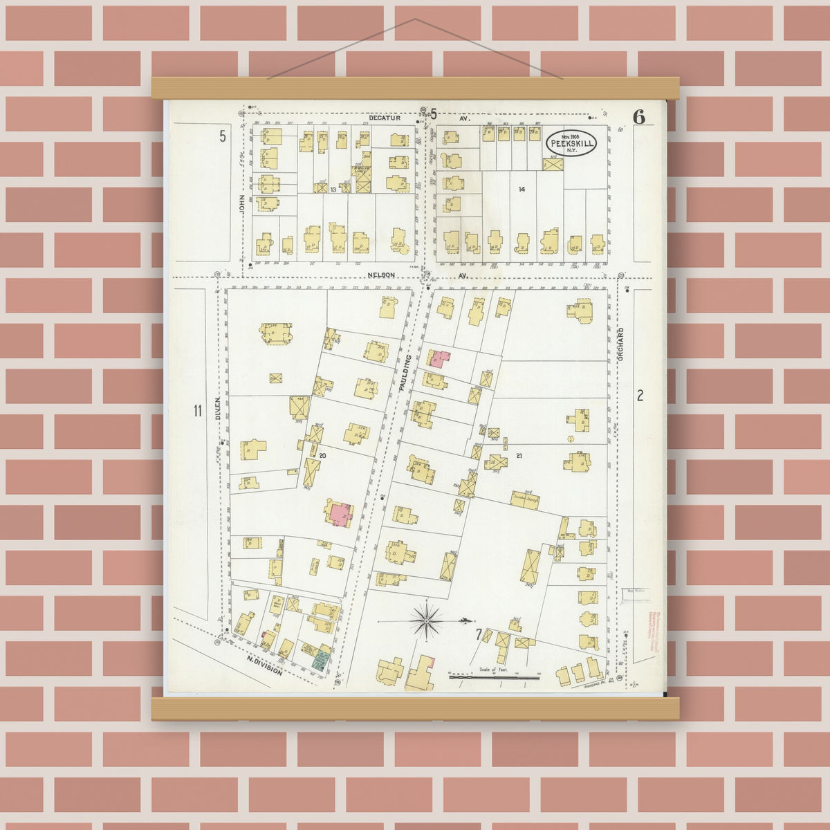 Old map wall art mockup — magnetic wood frame on brick wall — Sanborn Fire Insurance Map from Peekskill, Westchester County, New York (1905), Sheet #0006