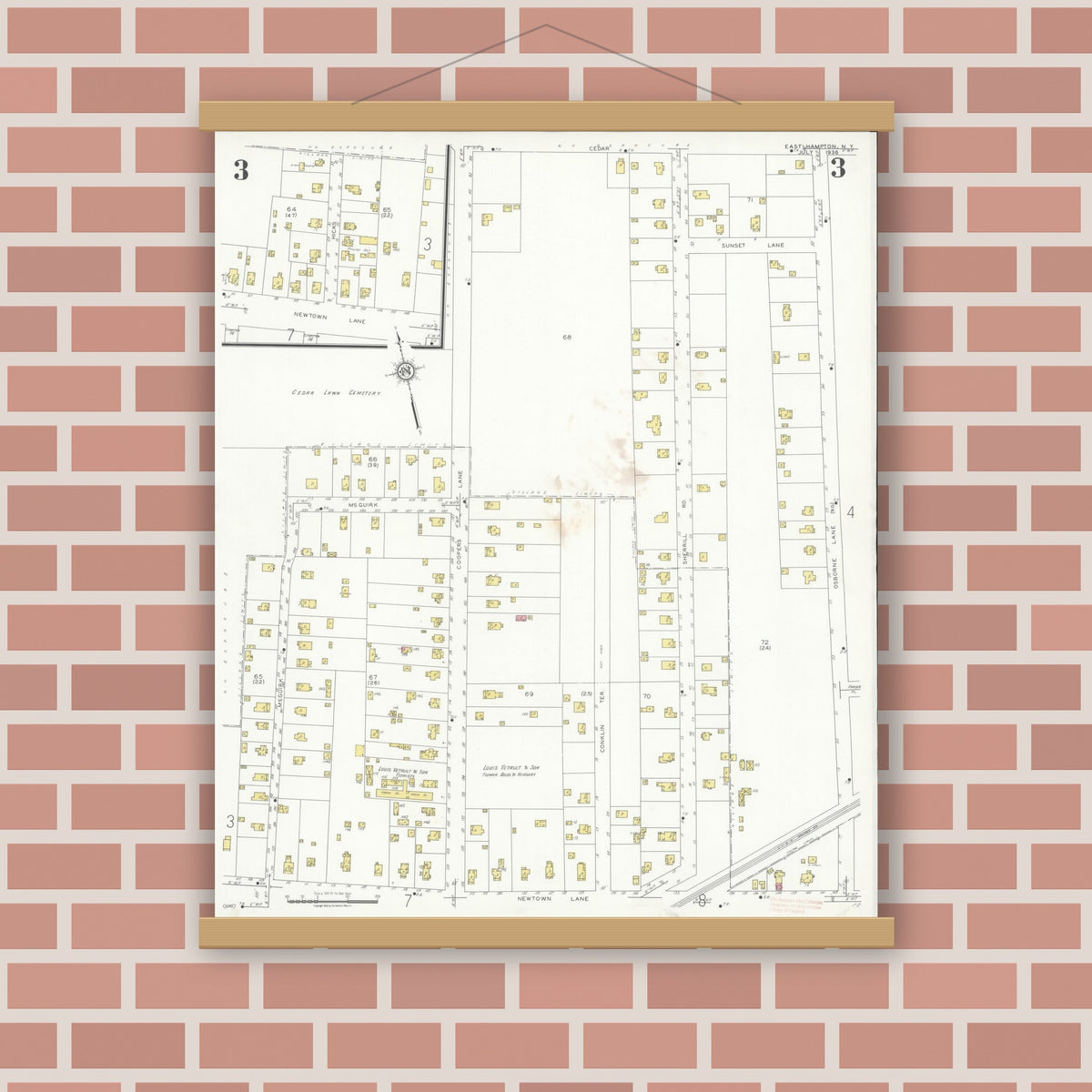 Old map wall art mockup — magnetic wood frame on brick wall — Sanborn Fire Insurance Map from Easthampton, Suffolk County, New York (1936), Sheet #0003