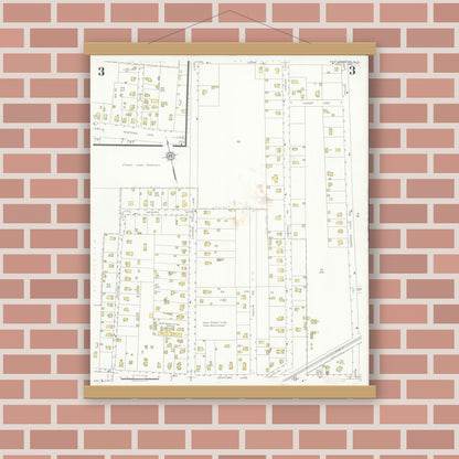 Old map wall art mockup — magnetic wood frame on brick wall — Sanborn Fire Insurance Map from Easthampton, Suffolk County, New York (1936), Sheet #0003