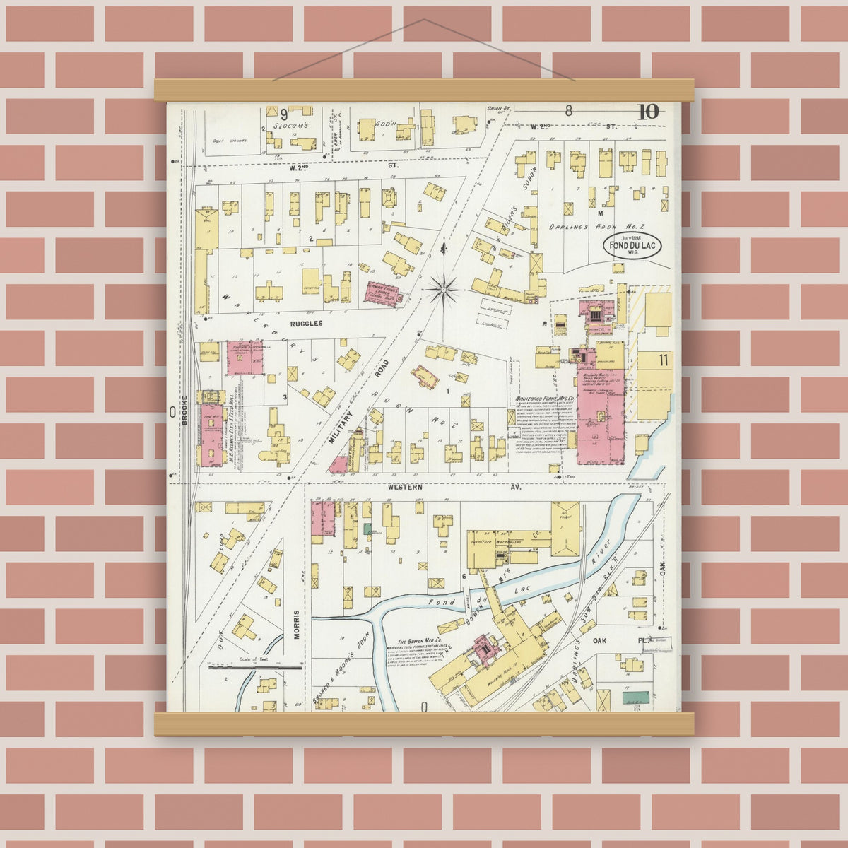Old map wall art mockup — magnetic wood frame on brick wall — Sanborn Fire Insurance Map from Fond du Lac, Fond du Lac County, Wisconsin (1898), Sheet #0010