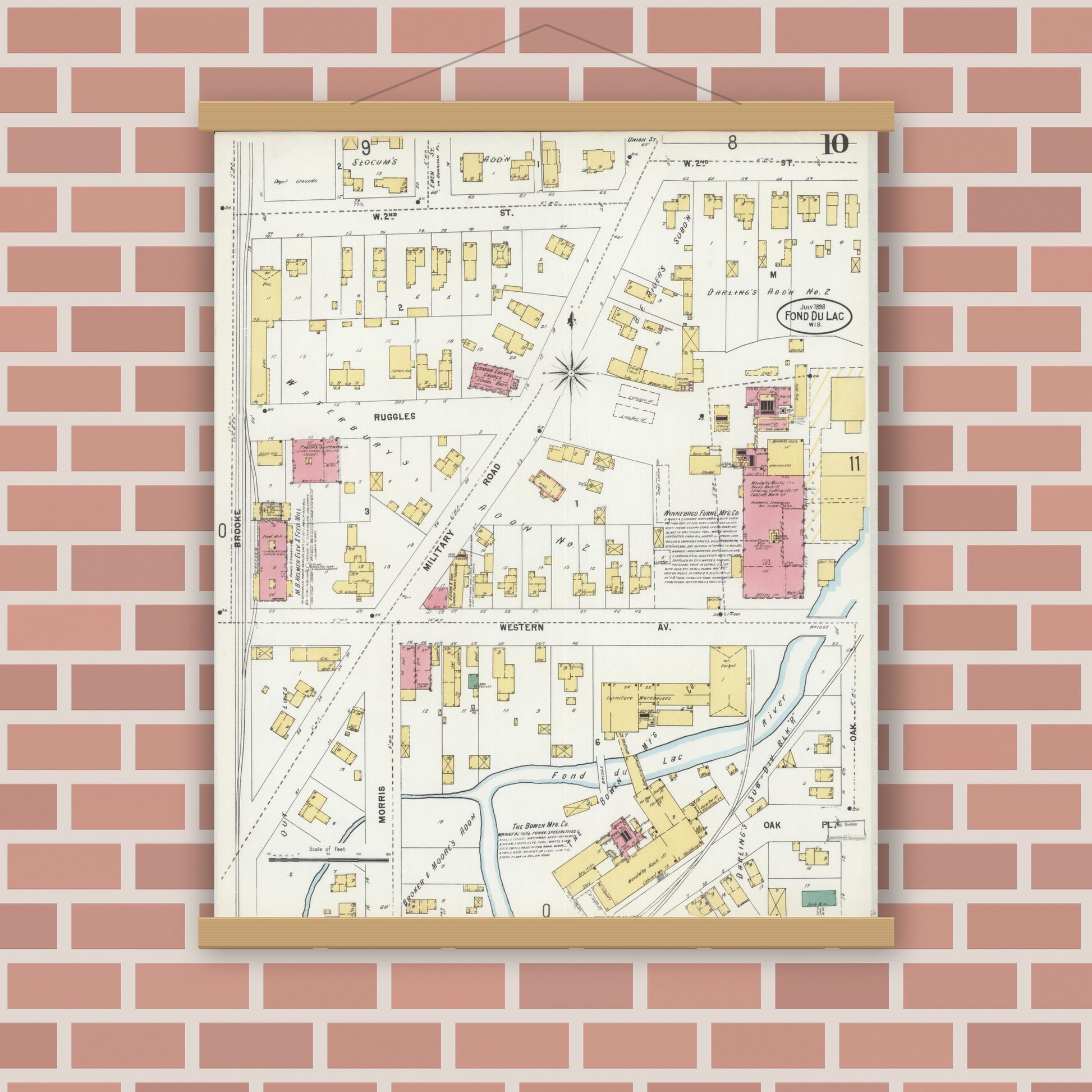 Old map wall art mockup — magnetic wood frame on brick wall — Sanborn Fire Insurance Map from Fond du Lac, Fond du Lac County, Wisconsin (1898), Sheet #0010
