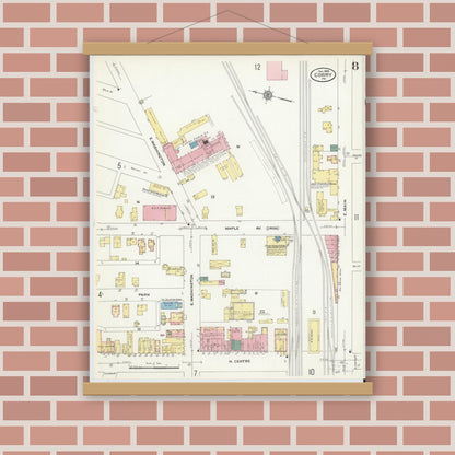 Old map wall art mockup — magnetic wood frame on brick wall — Sanborn Fire Insurance Map from Corry, Erie County, Pennsylvania (1909), Sheet #0008