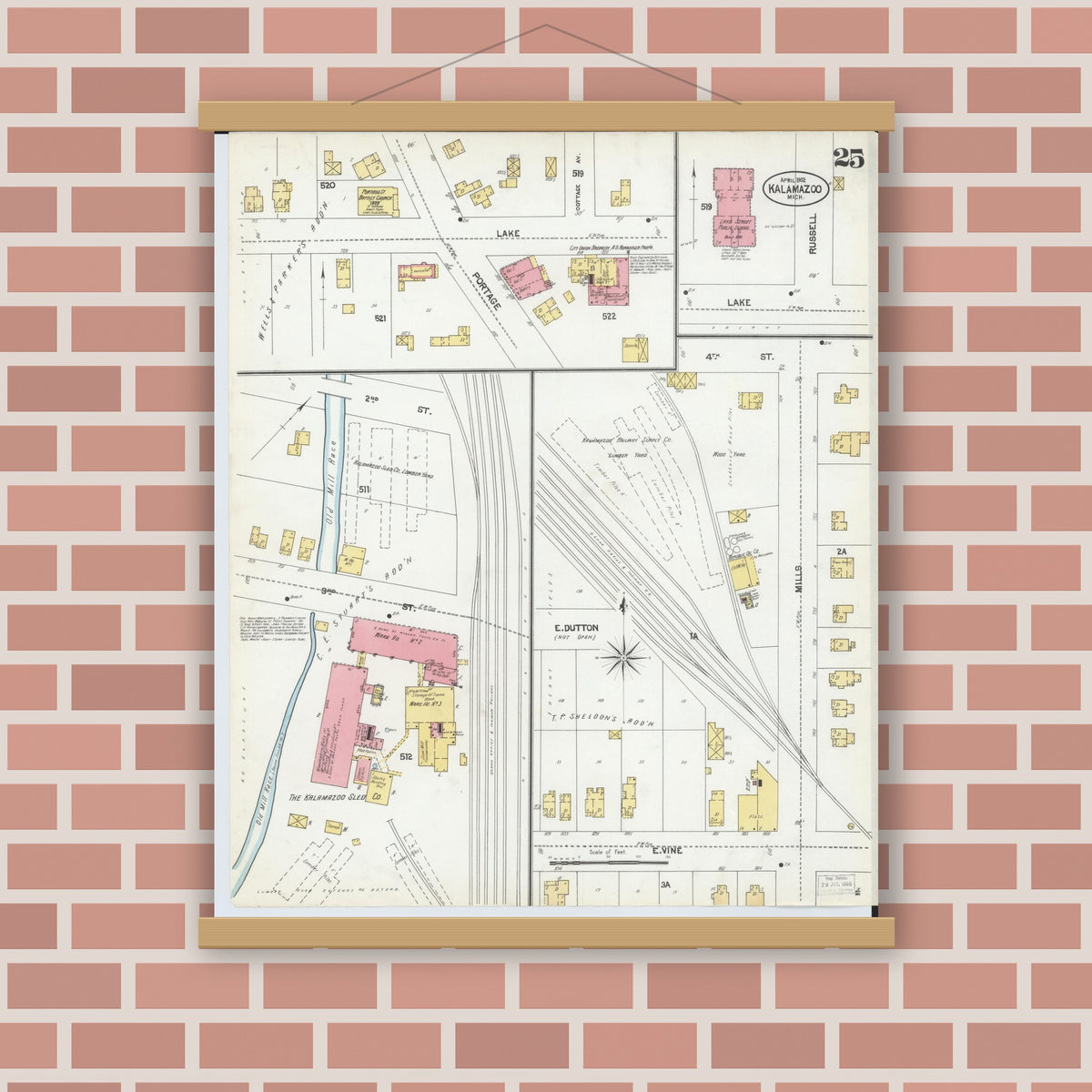 Old map wall art mockup — magnetic wood frame on brick wall — Sanborn Fire Insurance Map from Kalamazoo, Kalamazoo County, Michigan (1902), Sheet #0025