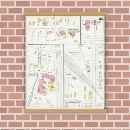 Old map wall art mockup — magnetic wood frame on brick wall — Sanborn Fire Insurance Map from Kalamazoo, Kalamazoo County, Michigan (1902), Sheet #0025