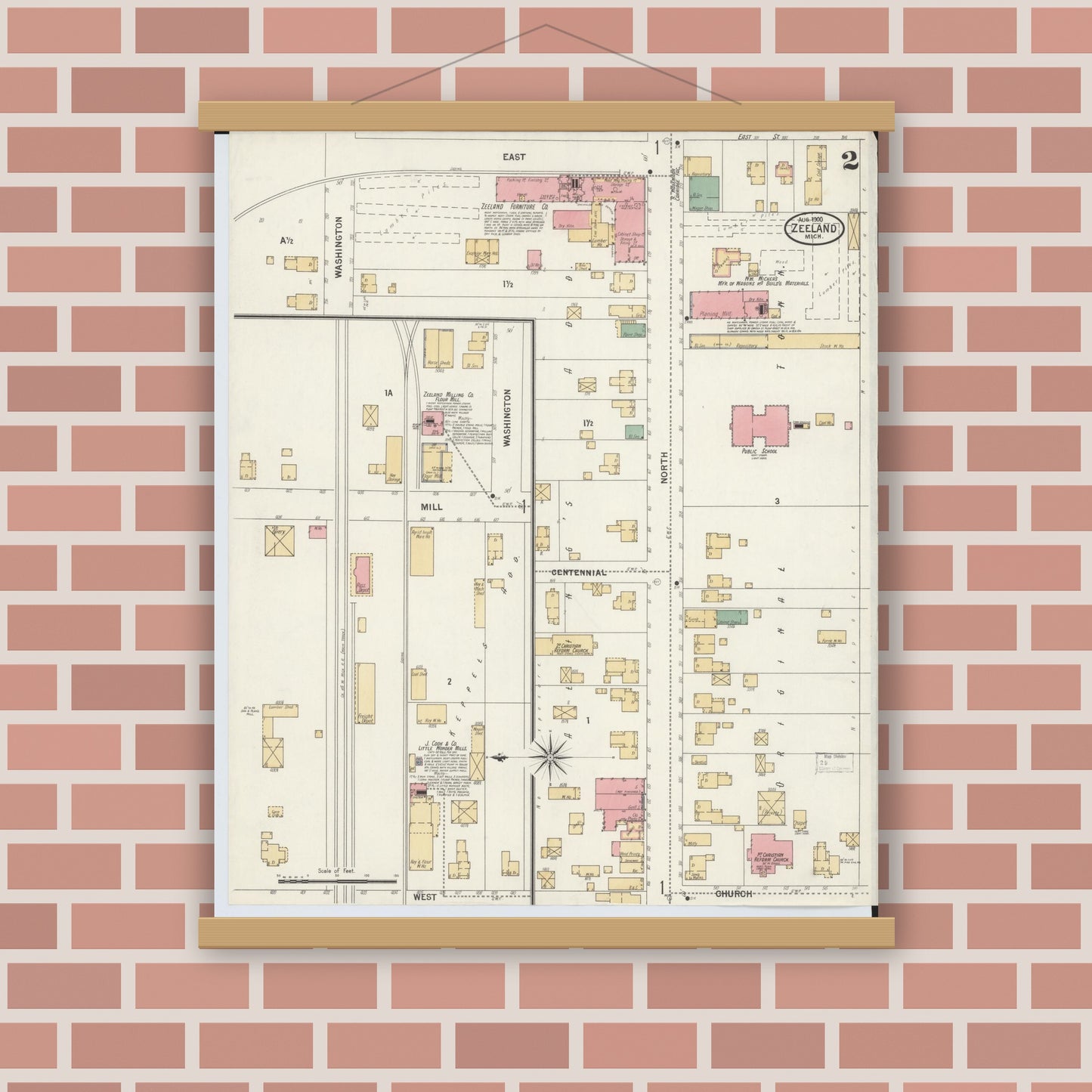 Old map wall art mockup — magnetic wood frame on brick wall — Sanborn Fire Insurance Map from Zeeland, Ottawa County, Michigan (1900), Sheet #0002