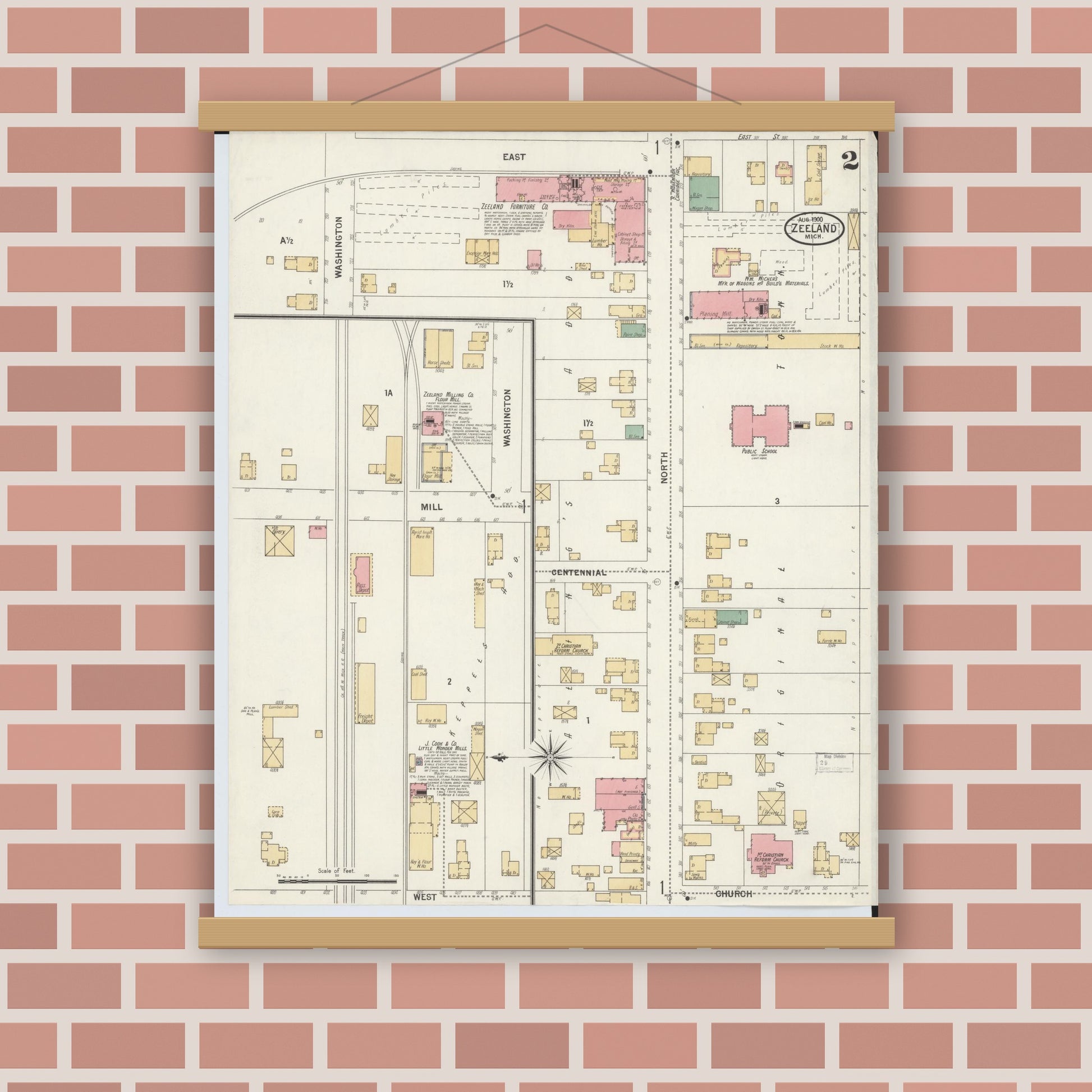 Old map wall art mockup — magnetic wood frame on brick wall — Sanborn Fire Insurance Map from Zeeland, Ottawa County, Michigan (1900), Sheet #0002