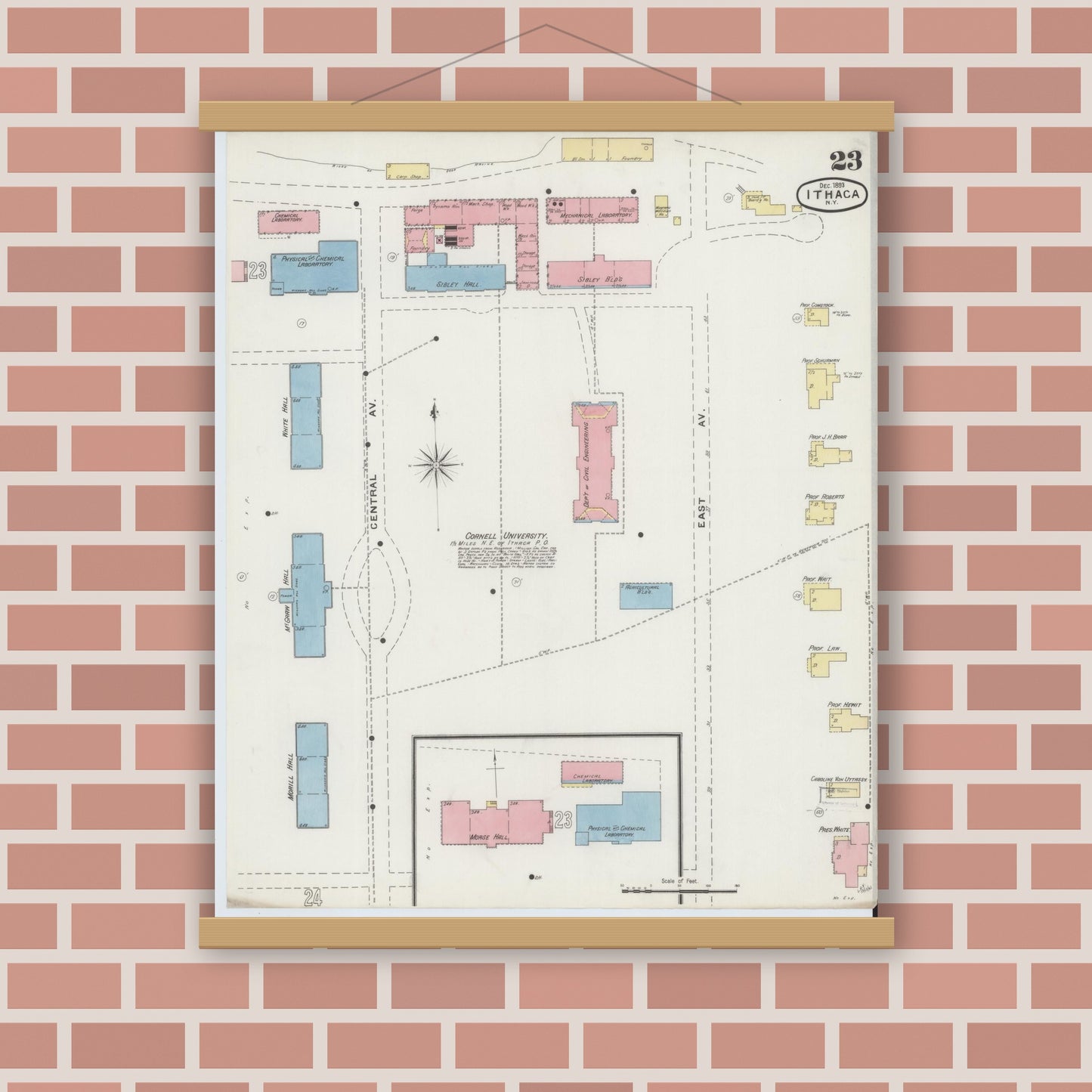 Old map wall art mockup — magnetic wood frame on brick wall — Sanborn Fire Insurance Map from Ithaca, Tompkins County, New York (1893), Sheet #0023
