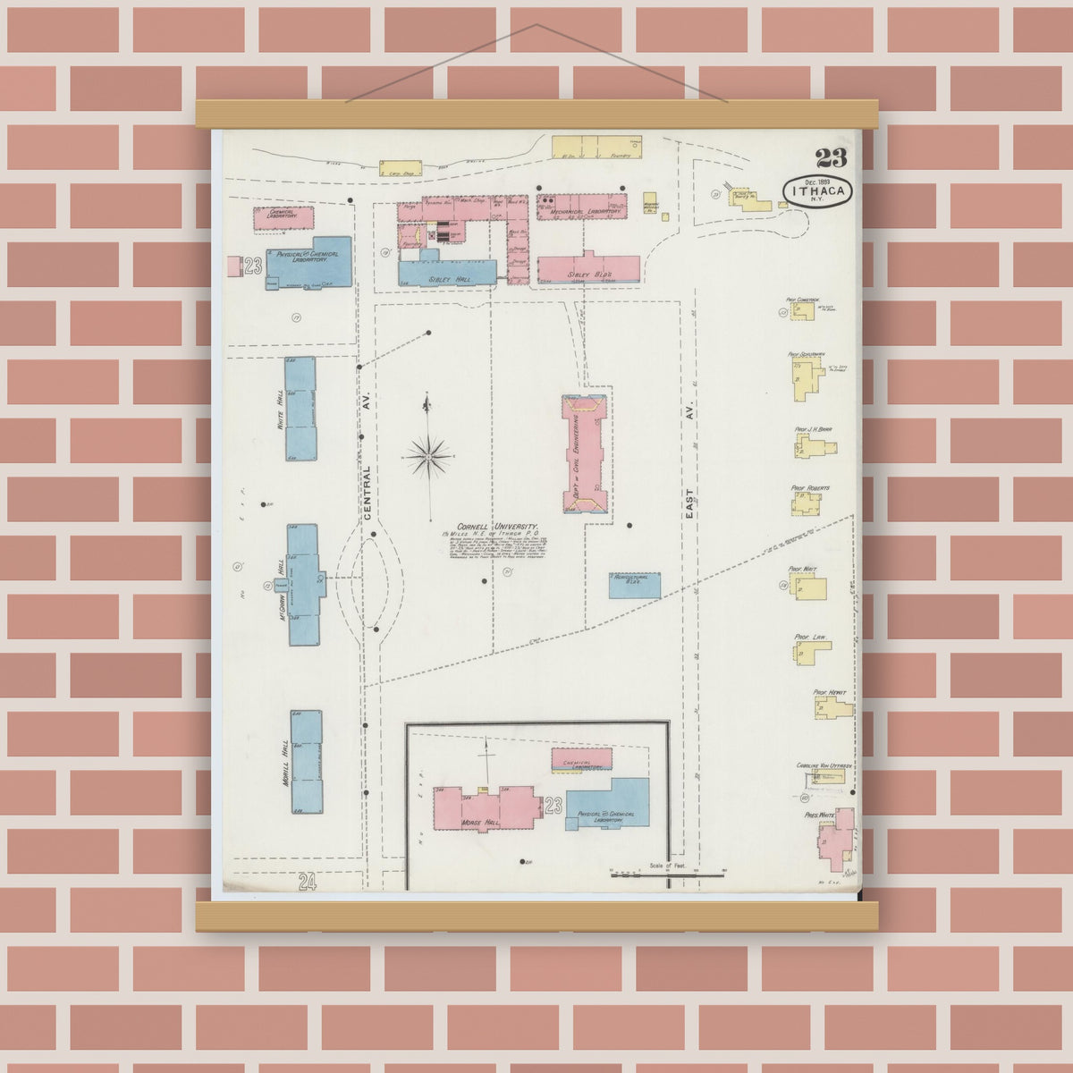 Old map wall art mockup — magnetic wood frame on brick wall — Sanborn Fire Insurance Map from Ithaca, Tompkins County, New York (1893), Sheet #0023