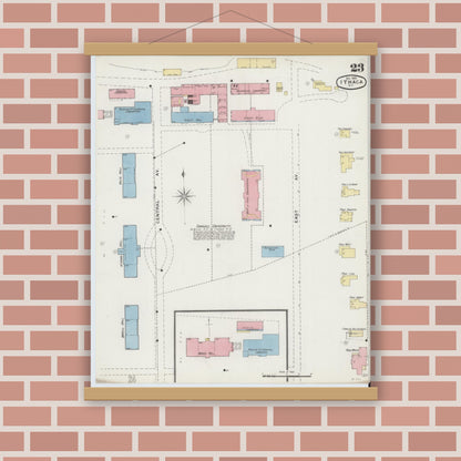 Old map wall art mockup — magnetic wood frame on brick wall — Sanborn Fire Insurance Map from Ithaca, Tompkins County, New York (1893), Sheet #0023
