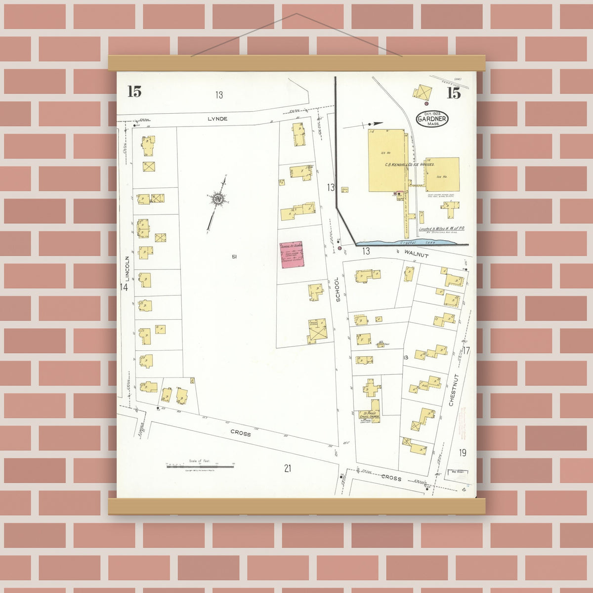 Old map wall art mockup — magnetic wood frame on brick wall — Sanborn Fire Insurance Map from Gardner, Worcester County, Massachusetts (1923), Sheet #0015