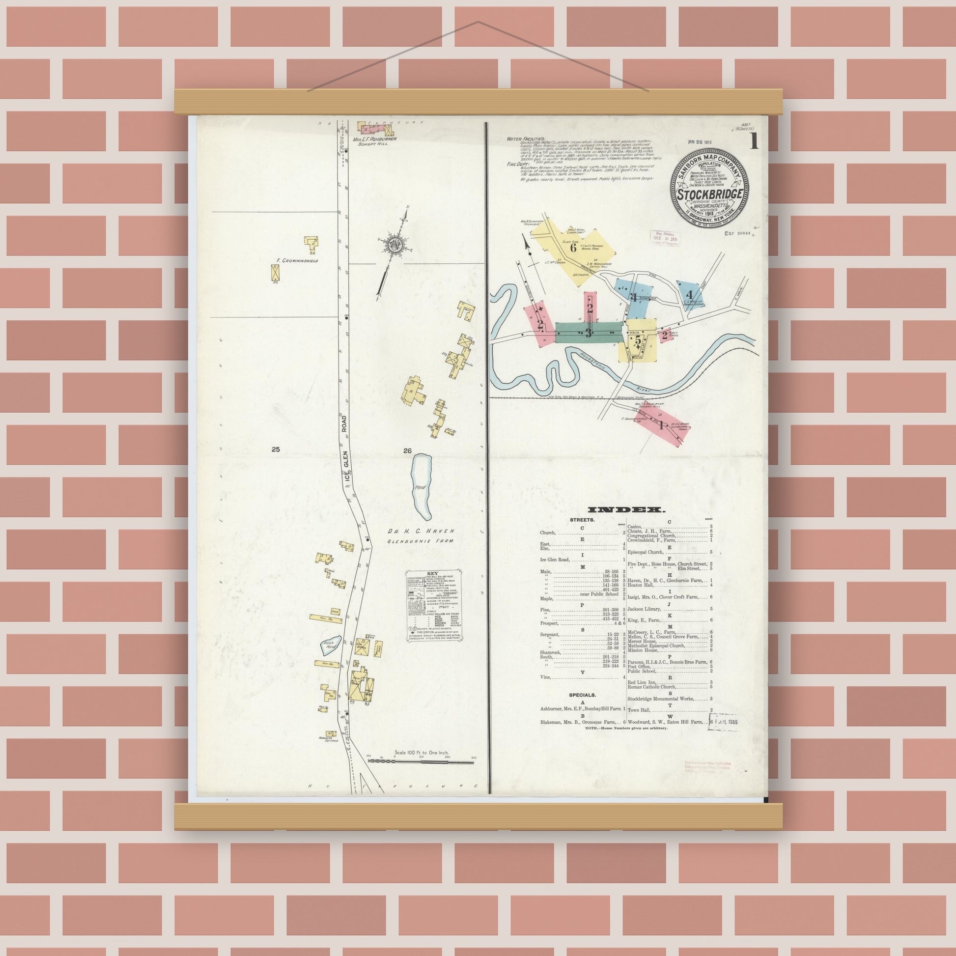 Old map wall art mockup — magnetic wood frame on brick wall — Sanborn Fire Insurance Map from Stockbridge, Berkshire County, Massachusetts (1911) - Complete Map Set
