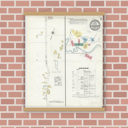 Old map wall art mockup — magnetic wood frame on brick wall — Sanborn Fire Insurance Map from Stockbridge, Berkshire County, Massachusetts (1911) - Complete Map Set