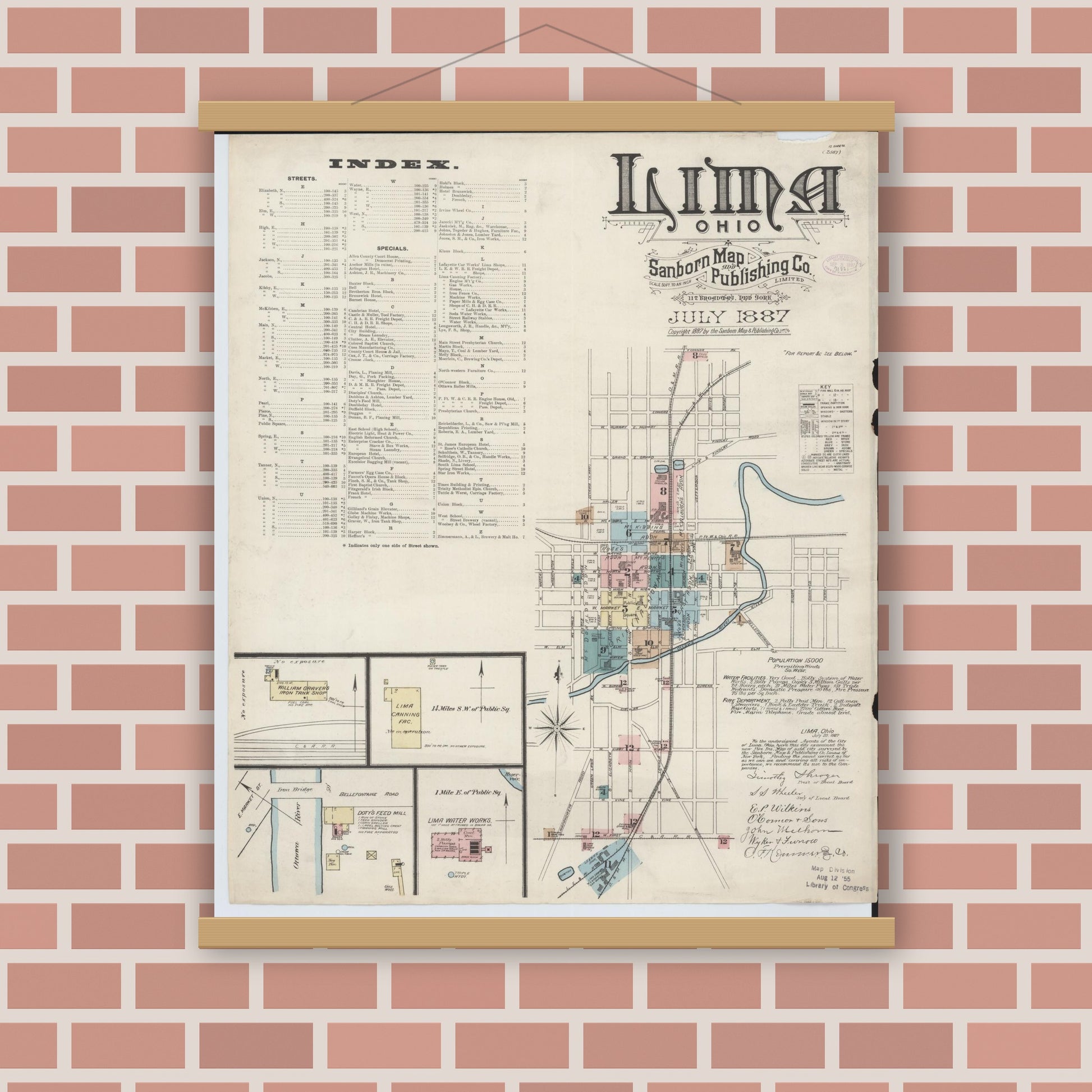 Old map wall art mockup — magnetic wood frame on brick wall — Sanborn Fire Insurance Map from Lima, Allen County, Ohio (1887), Sheet #0001
