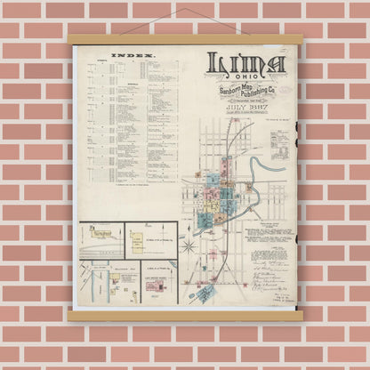 Old map wall art mockup — magnetic wood frame on brick wall — Sanborn Fire Insurance Map from Lima, Allen County, Ohio (1887), Sheet #0001