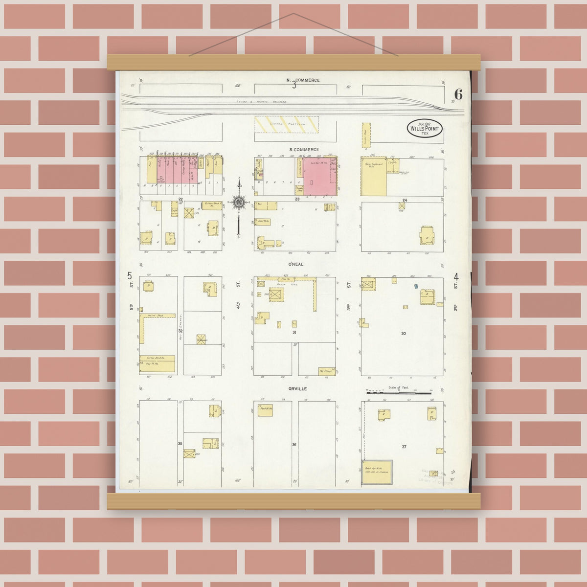 Old map wall art mockup — magnetic wood frame on brick wall — Sanborn Fire Insurance Map from Wills Point, Van Zandt County, Texas (1912), Sheet #0006