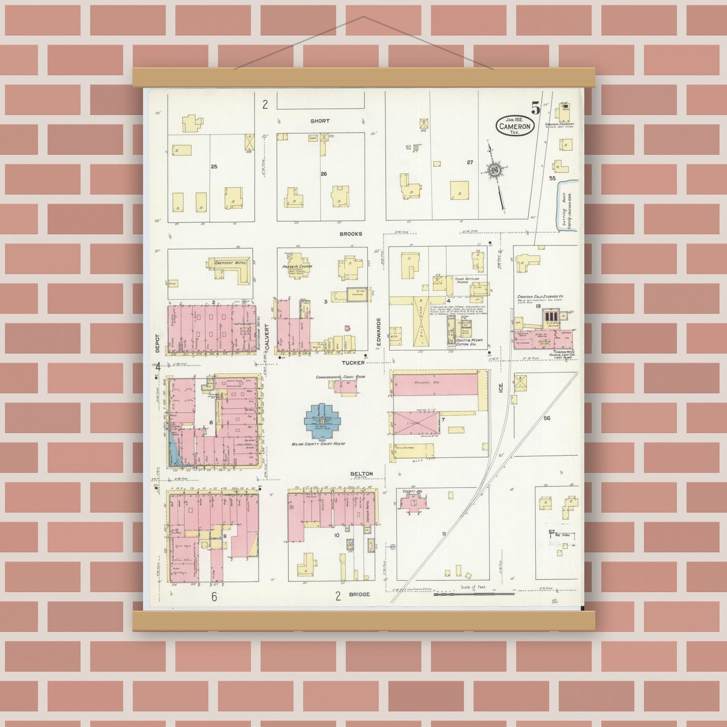 Old map wall art mockup — magnetic wood frame on brick wall — Sanborn Fire Insurance Map from Cameron, Milam County, Texas (1912), Sheet #0005