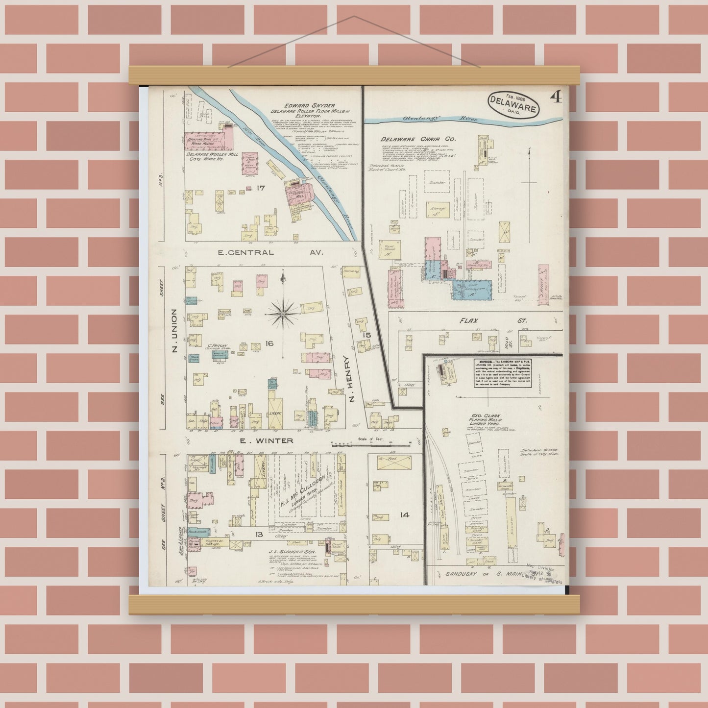 Old map wall art mockup — magnetic wood frame on brick wall — Sanborn Fire Insurance Map from Delaware, Delaware County, Ohio (1885), Sheet #0004