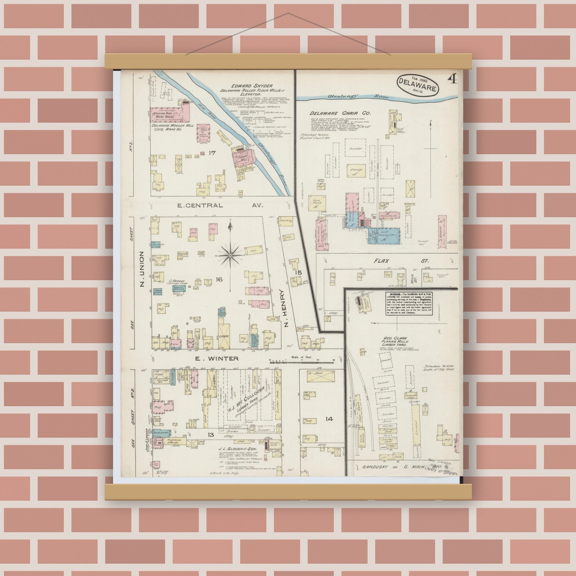 Old map wall art mockup — magnetic wood frame on brick wall — Sanborn Fire Insurance Map from Delaware, Delaware County, Ohio (1885), Sheet #0004