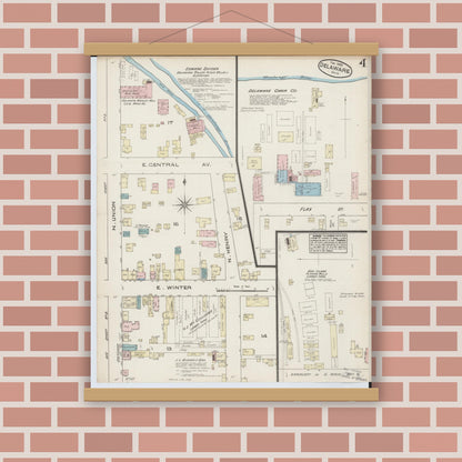 Old map wall art mockup — magnetic wood frame on brick wall — Sanborn Fire Insurance Map from Delaware, Delaware County, Ohio (1885), Sheet #0004