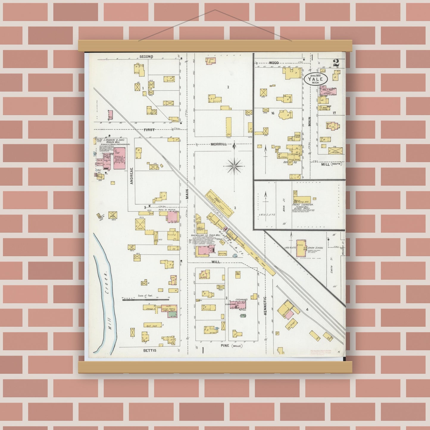 Old map wall art mockup — magnetic wood frame on brick wall — Sanborn Fire Insurance Map from Yale, Saint Clair County, Michigan (1900), Sheet #0002