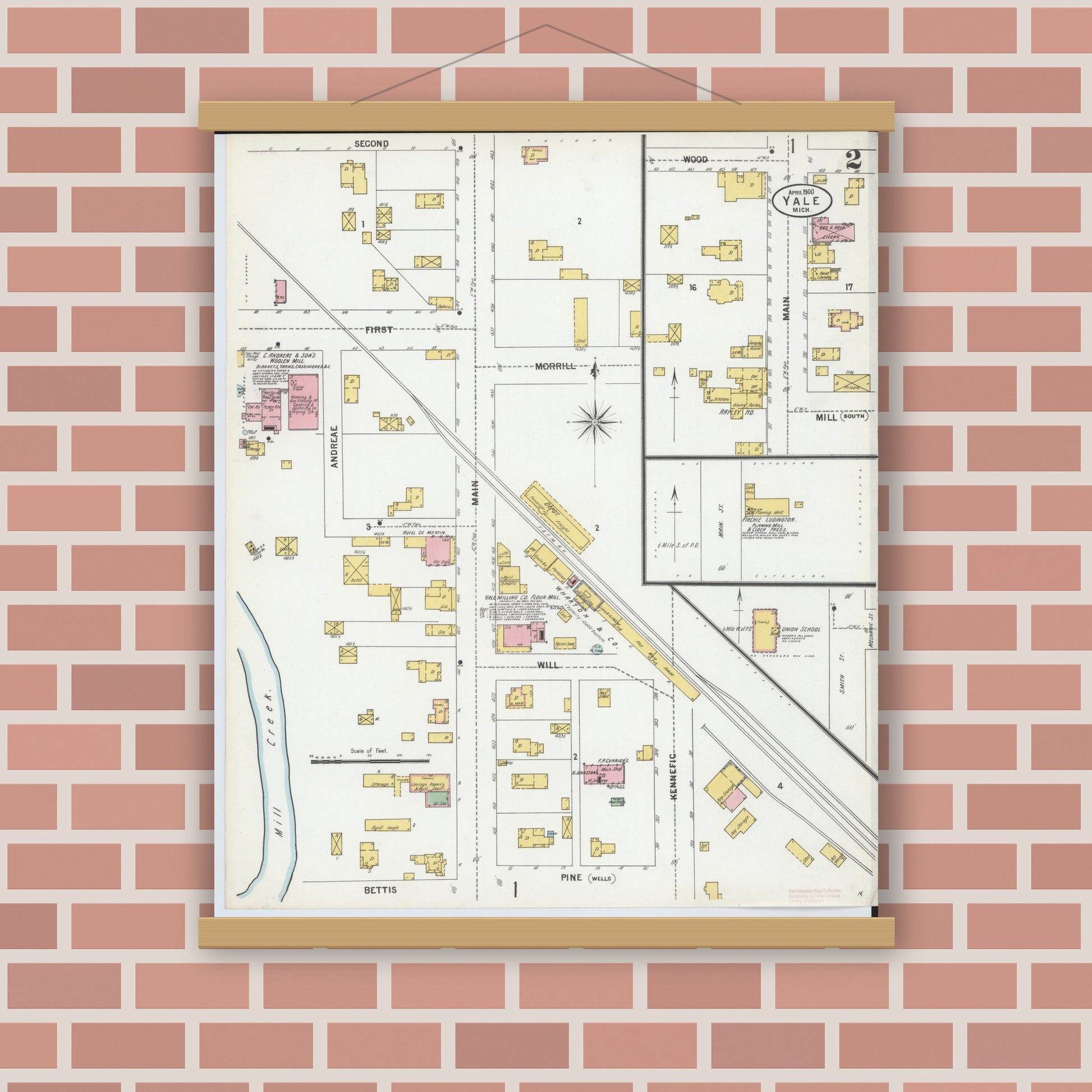 Old map wall art mockup — magnetic wood frame on brick wall — Sanborn Fire Insurance Map from Yale, Saint Clair County, Michigan (1900), Sheet #0002