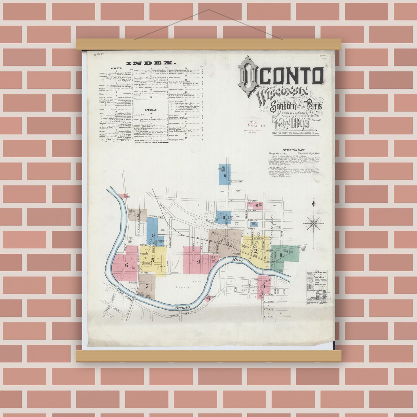 Old map wall art mockup — magnetic wood frame on brick wall — Sanborn Fire Insurance Map from Oconto, Oconto County, Wisconsin (1893) - Complete Map Set