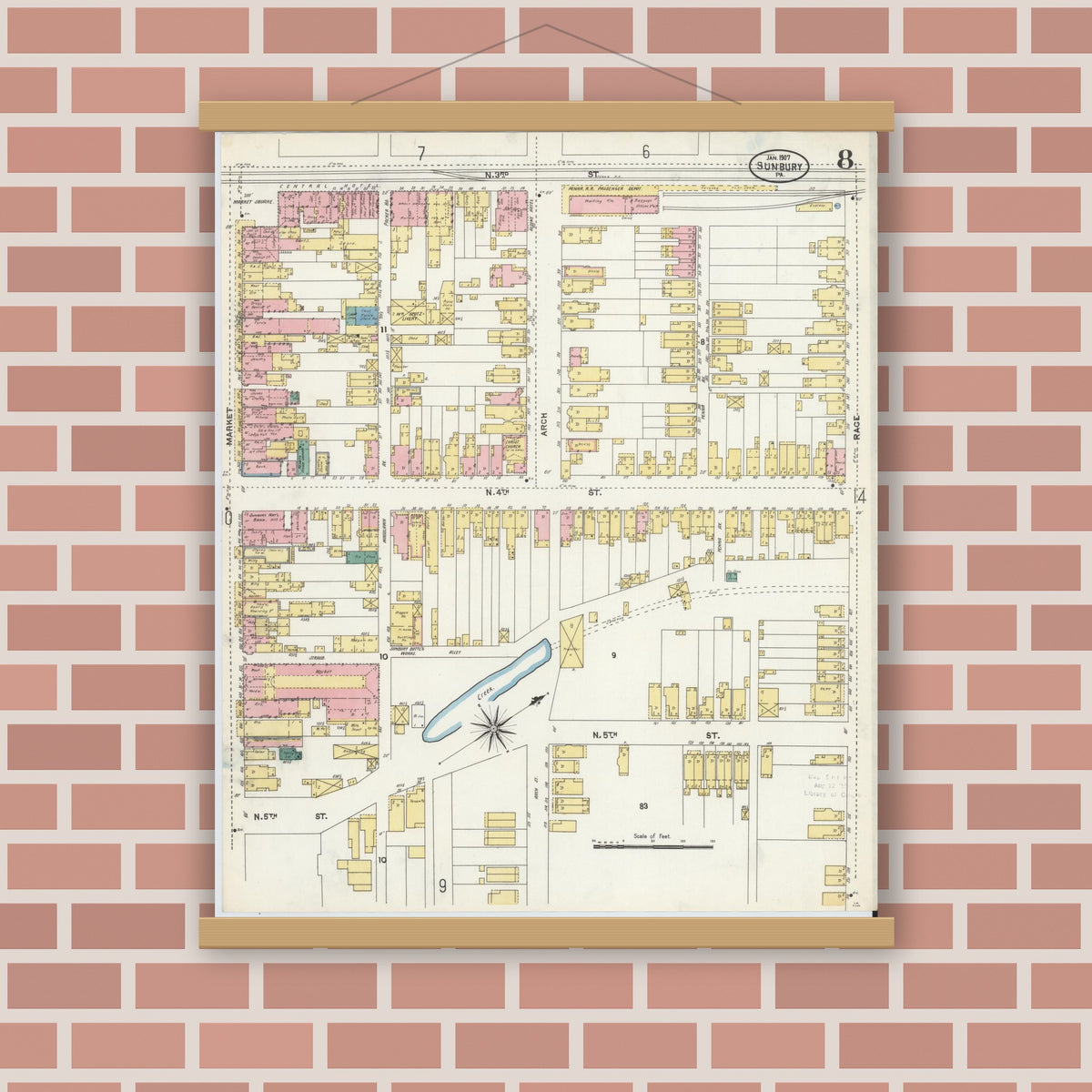 Old map wall art mockup — magnetic wood frame on brick wall — Sanborn Fire Insurance Map from Sunbury, Northumberland County, Pennsylvania (1907), Sheet #0008