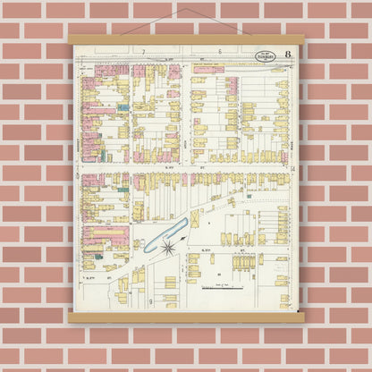 Old map wall art mockup — magnetic wood frame on brick wall — Sanborn Fire Insurance Map from Sunbury, Northumberland County, Pennsylvania (1907), Sheet #0008