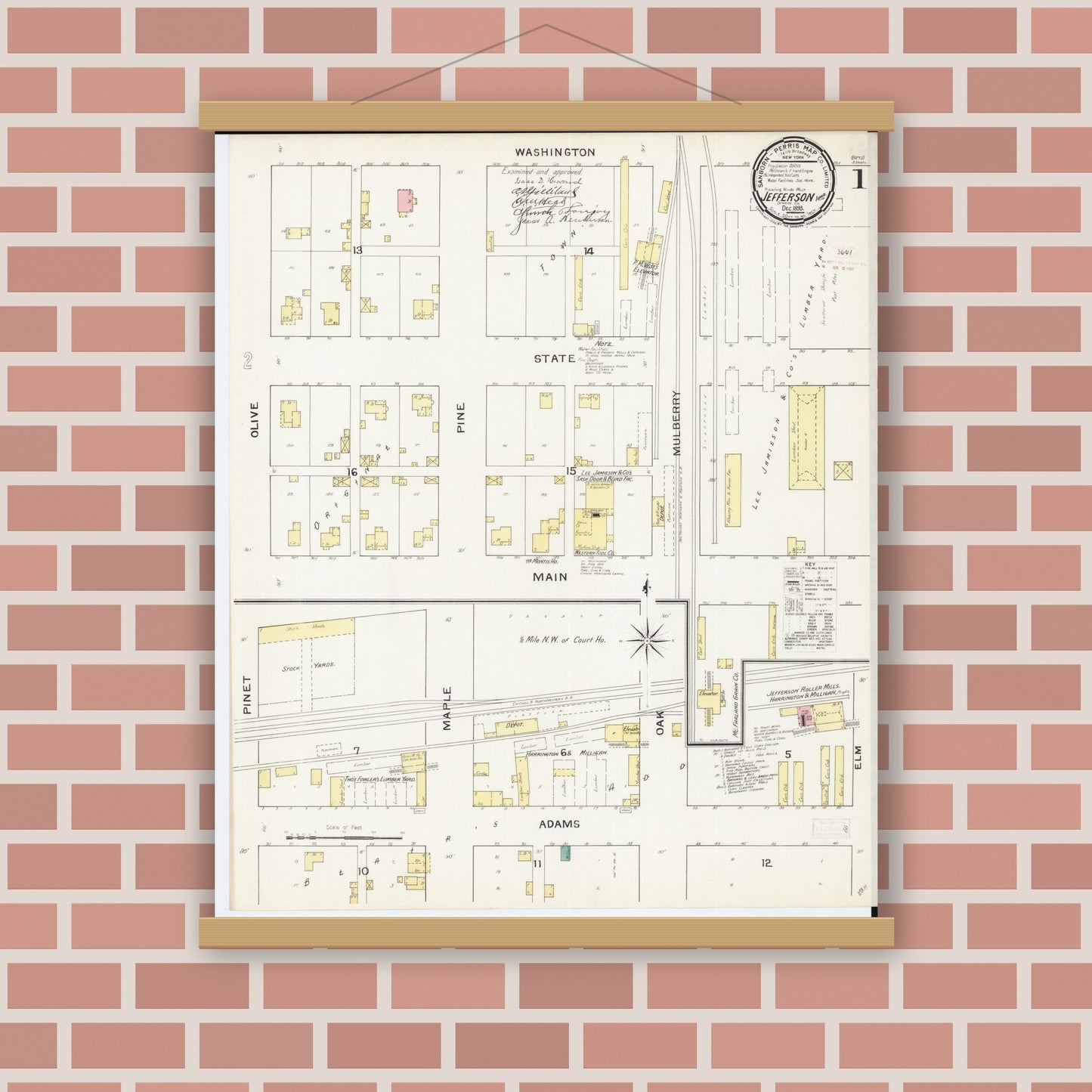 Old map wall art mockup — magnetic wood frame on brick wall — Sanborn Fire Insurance Map from Jefferson, Greene County, Iowa (1893) â€” Complete Set