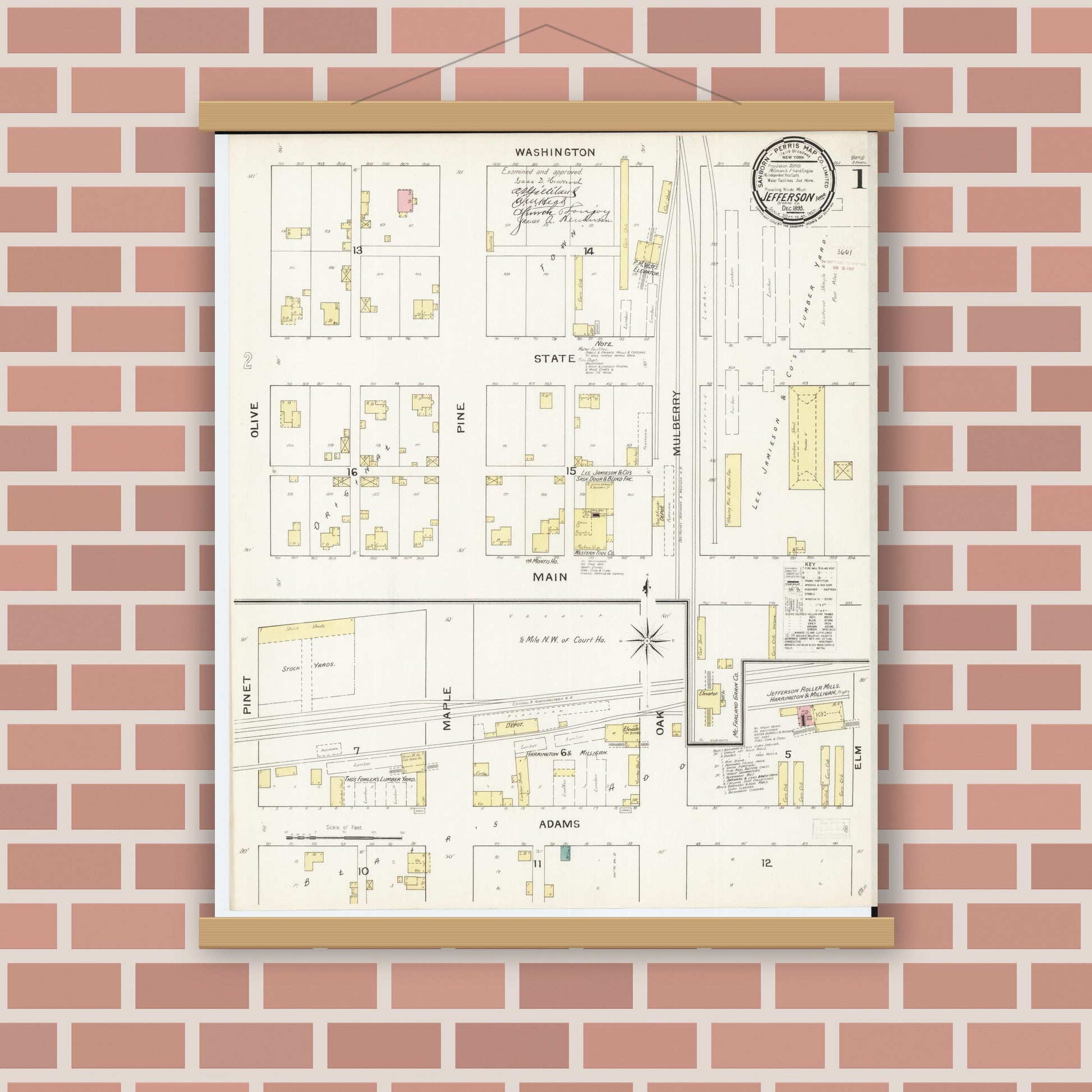 Old map wall art mockup — magnetic wood frame on brick wall — Sanborn Fire Insurance Map from Jefferson, Greene County, Iowa (1893) â€” Complete Set