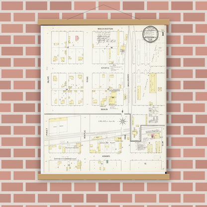 Old map wall art mockup — magnetic wood frame on brick wall — Sanborn Fire Insurance Map from Jefferson, Greene County, Iowa (1893) â€” Complete Set