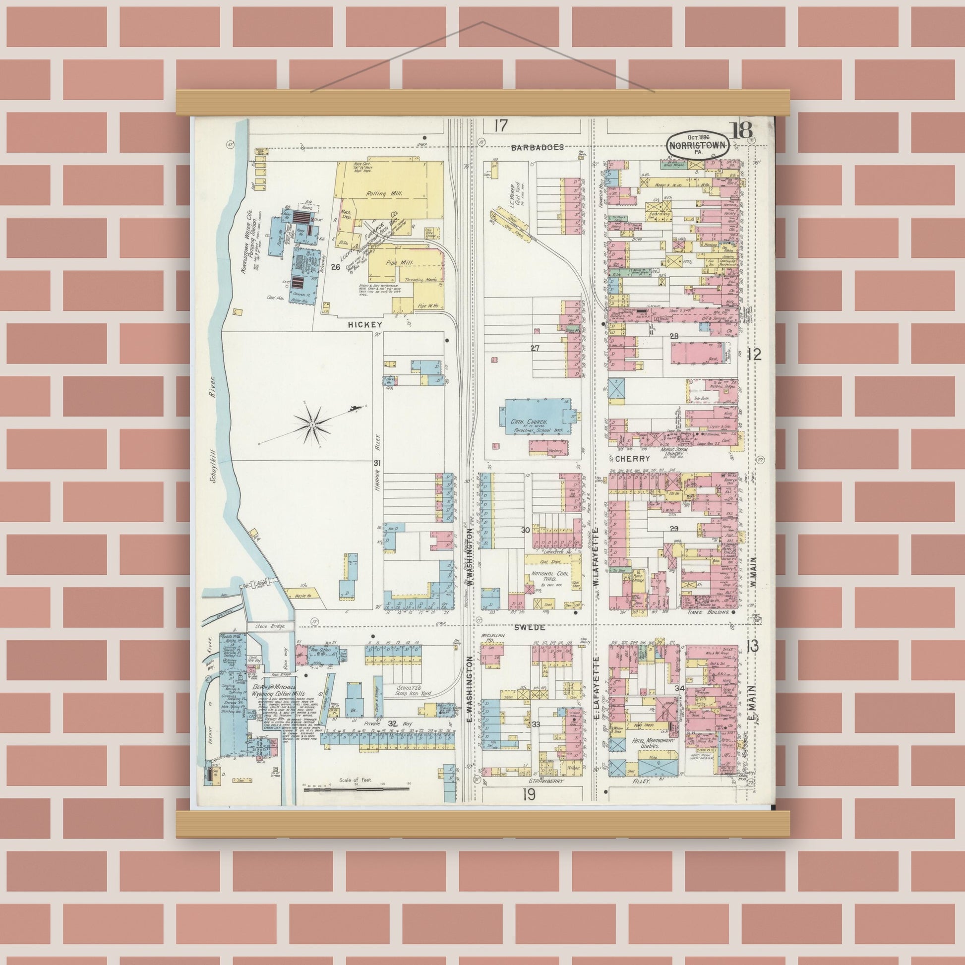 Old map wall art mockup — magnetic wood frame on brick wall — Sanborn Fire Insurance Map from Norristown, Montgomery County, Pennsylvania (1896), Sheet #0018