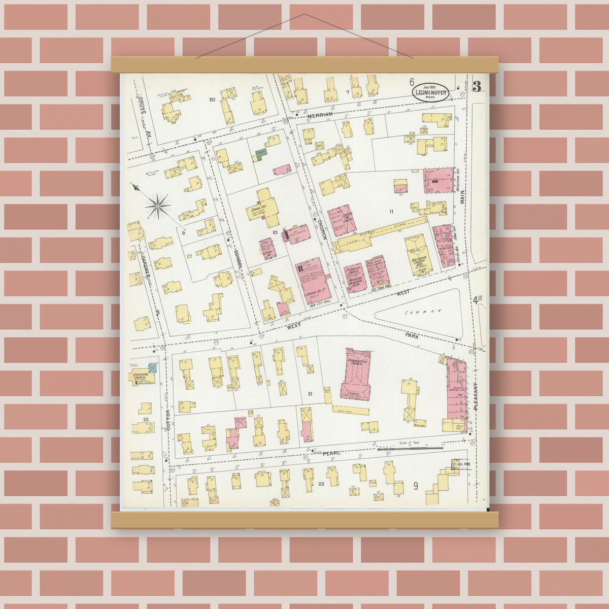 Old map wall art mockup — magnetic wood frame on brick wall — Sanborn Fire Insurance Map from Leominster, Worcester County, Massachusetts (1901), Sheet #0003